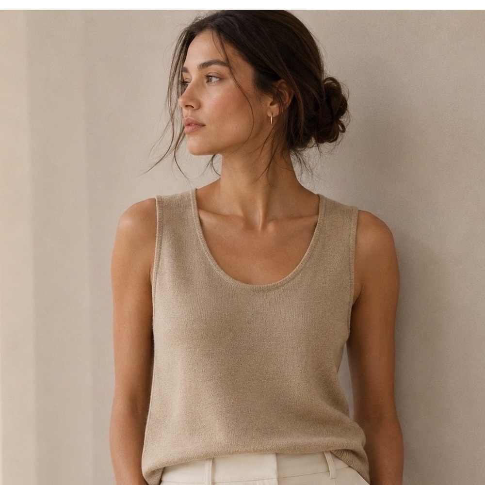 Akris Tank Top Women Size Unknown Beige Cashmere Silk Knit Scoop Neck Shell